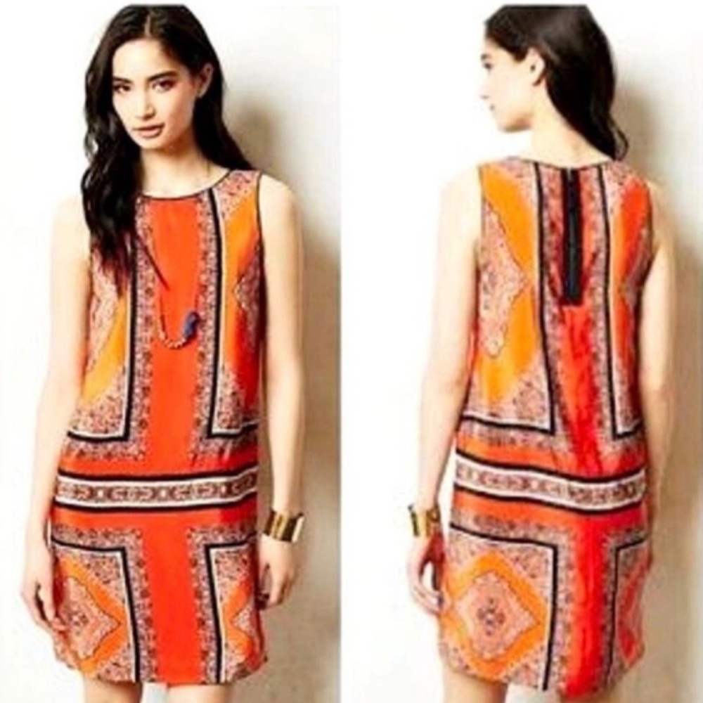 Anthropologie Orange Printed Sleeveless Shift Dress with Geometric Panels